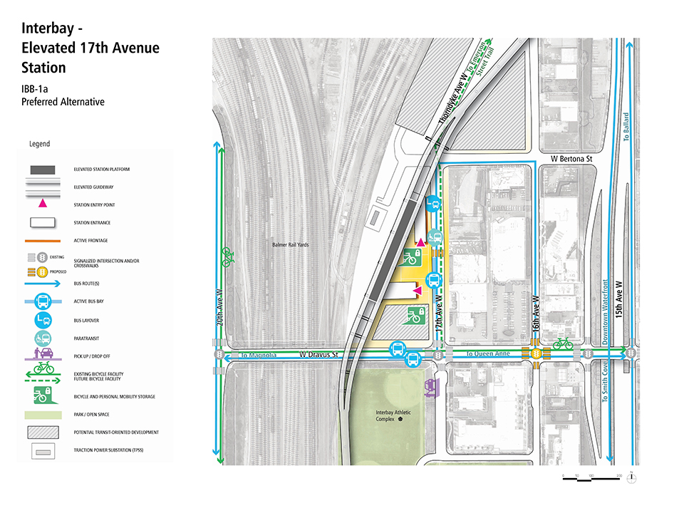 A map that describes how pedestrians, bus riders, bicyclists, and drivers could access the Interbay - Elevated Seventeenth Avenue Station Alternative.